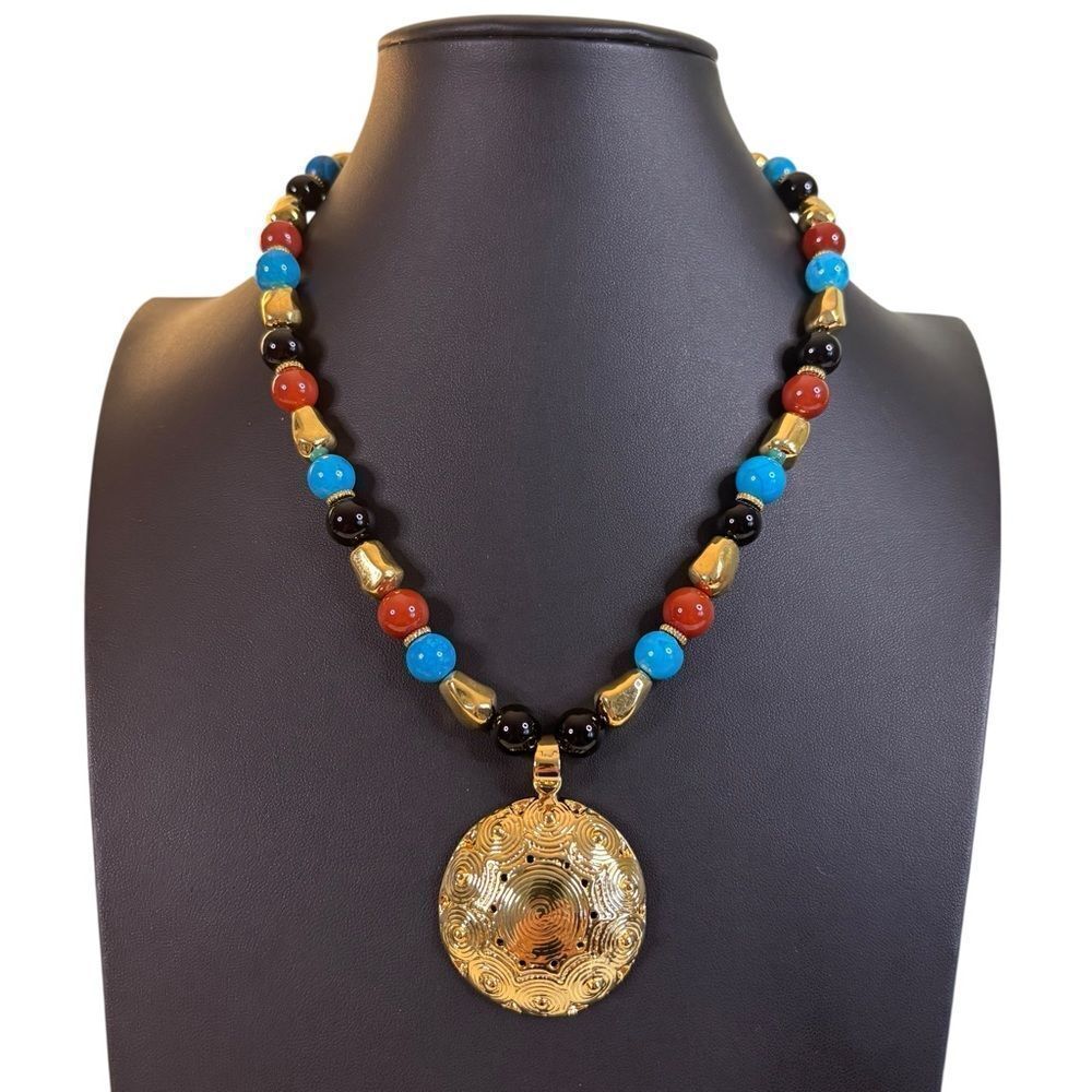 Vibrant & Well Crafted Necklace w/ Colorful Rich Beads & Gold Tone Accents.